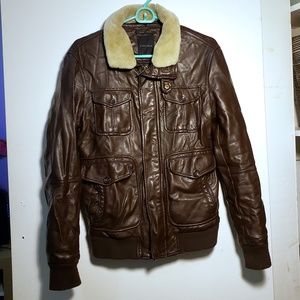 Zara Brown Leather Jacket with Fleece Collar